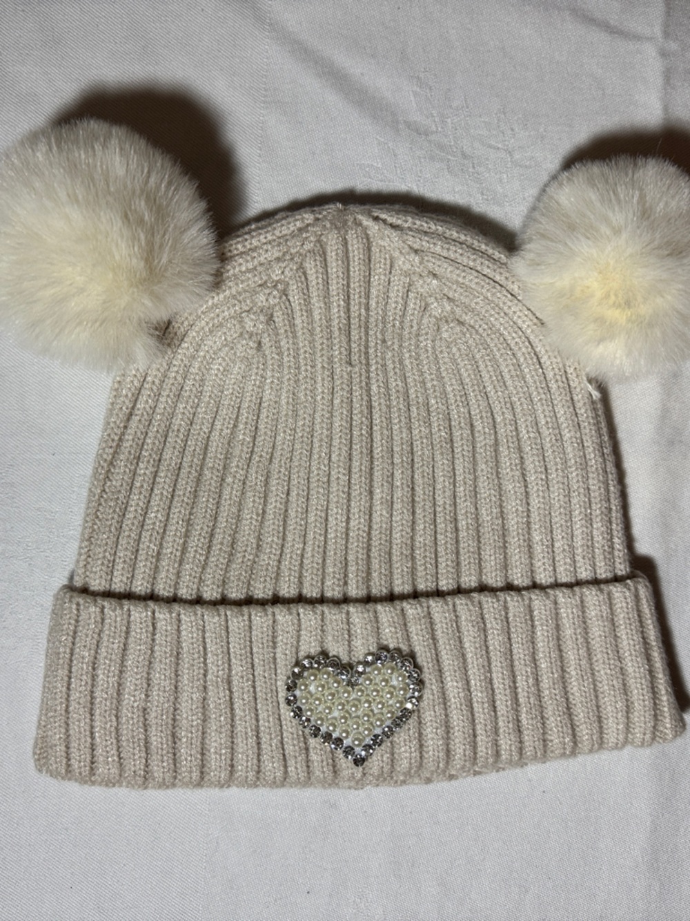 Lilly & Hazel Cream Kids Knit Beanie with Faux Fur Pom Poms and Heart Accent